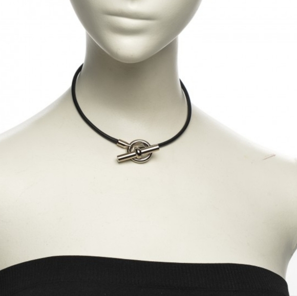 HERMES Palladium and Leather Bridle Glenan Necklace Black - Picture 1 of 10